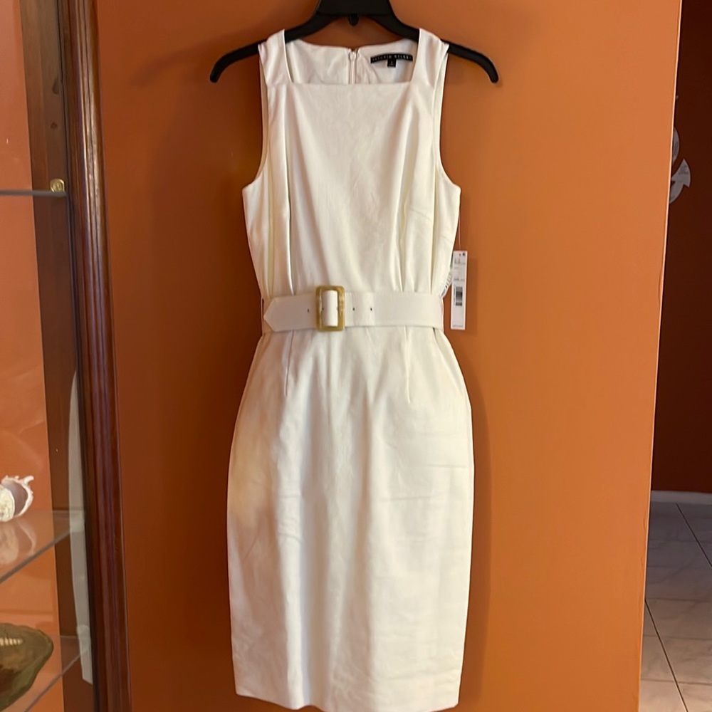 Ivory sleeves, fully lined linen dress.  Never worn.